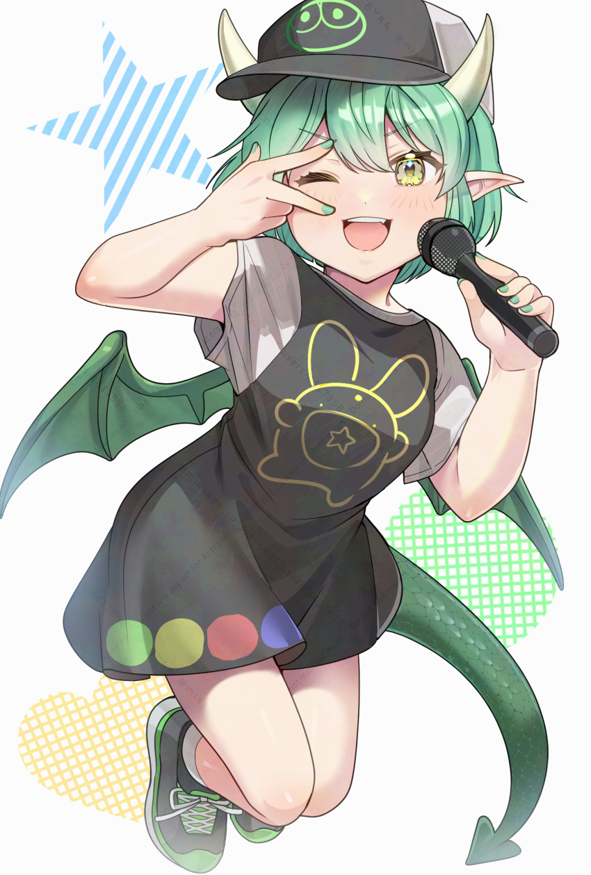 1girl, carbuncle_(puyopuyo), commentary_request, draco_centauros, dragon_tail, dragon_wings, fang, green_hair, green_nails, green_tail, green_wings, hat, heart, highres, holding, holding_microphone, madou_monogatari, matsumoto-san, microphone, nail_polish, one_eye_closed, open_mouth, pointy_ears, puyo_(puyopuyo), puyopuyo, puyopuyo_quest, shoes, short_hair, sneakers, solo, spirited_draco, star_(symbol), star_in_mouth, tail, v, wings, yellow_eyes