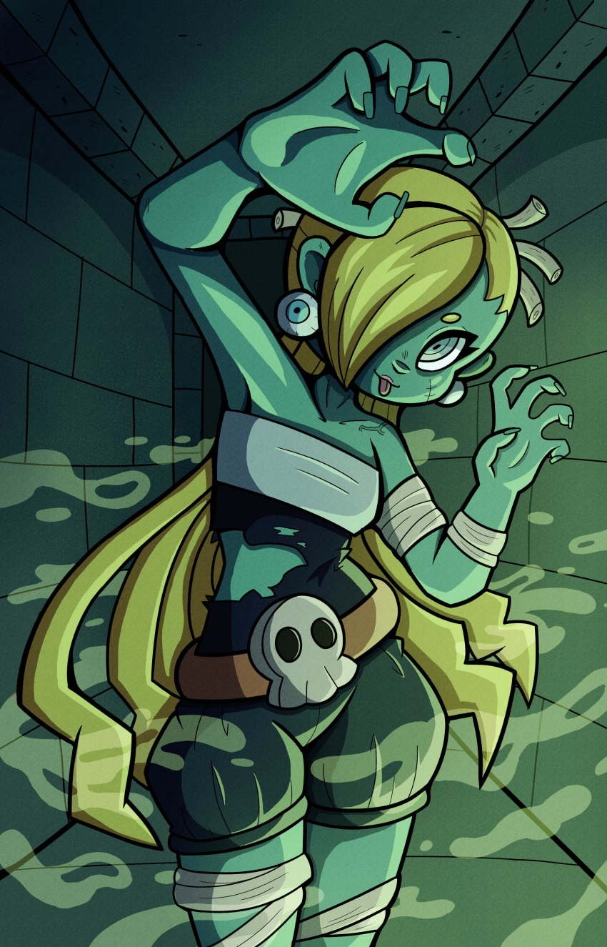 1girl, absurdres, bandaged_arm, bandaged_leg, bandages, blonde_hair, blue_skin, colored_skin