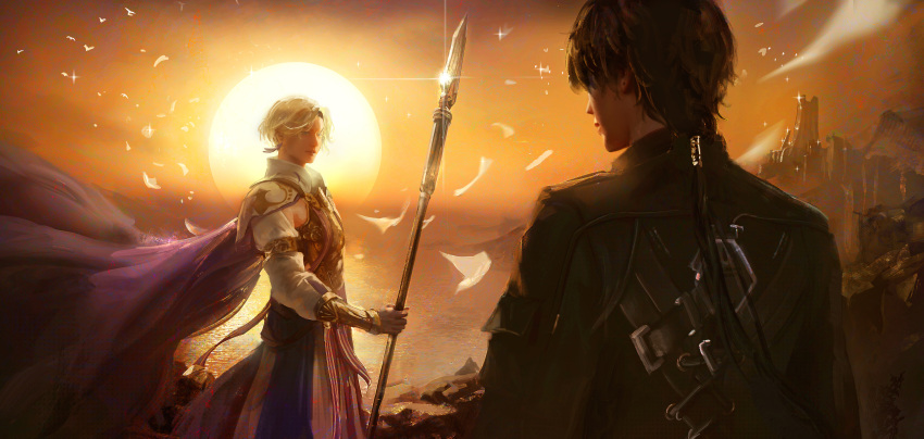 2boys, absurdres, arm_armor, armor, avidius_(wuthering_waves), black_hair, black_jacket, blonde_hair, breastplate, cape, commentary, english_commentary, highres, holding, holding_polearm, holding_weapon, jacket, looking_at_another, male_focus, male_rover_(wuthering_waves), multiple_boys, polearm, purple_cape, rover_(wuthering_waves), spear, spoilers, sun, sunset, ui_uiiiiiiiii, weapon, wuthering_waves