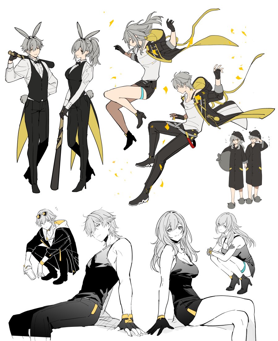 1boy, 1girl, alternate_costume, alternate_hairstyle, animal_ears, arm_behind_back, bare_shoulders, baseball_bat