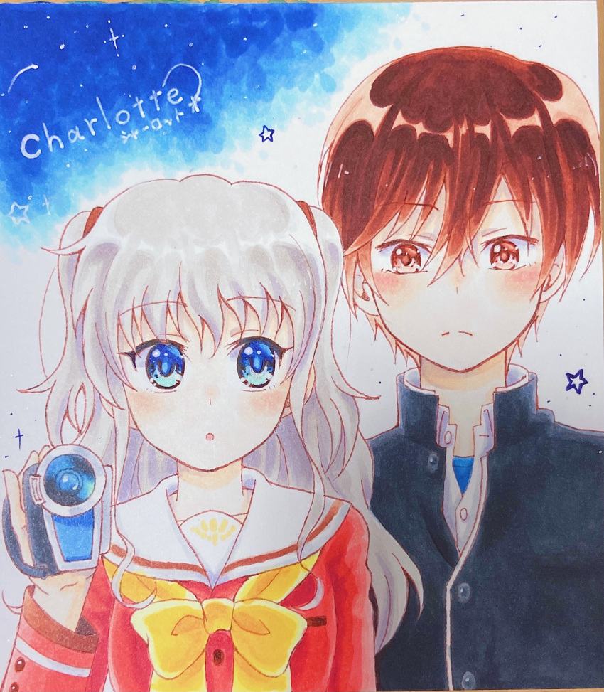 1boy, 1girl, :o, blue_eyes, blush, bow, bowtie, brown_eyes