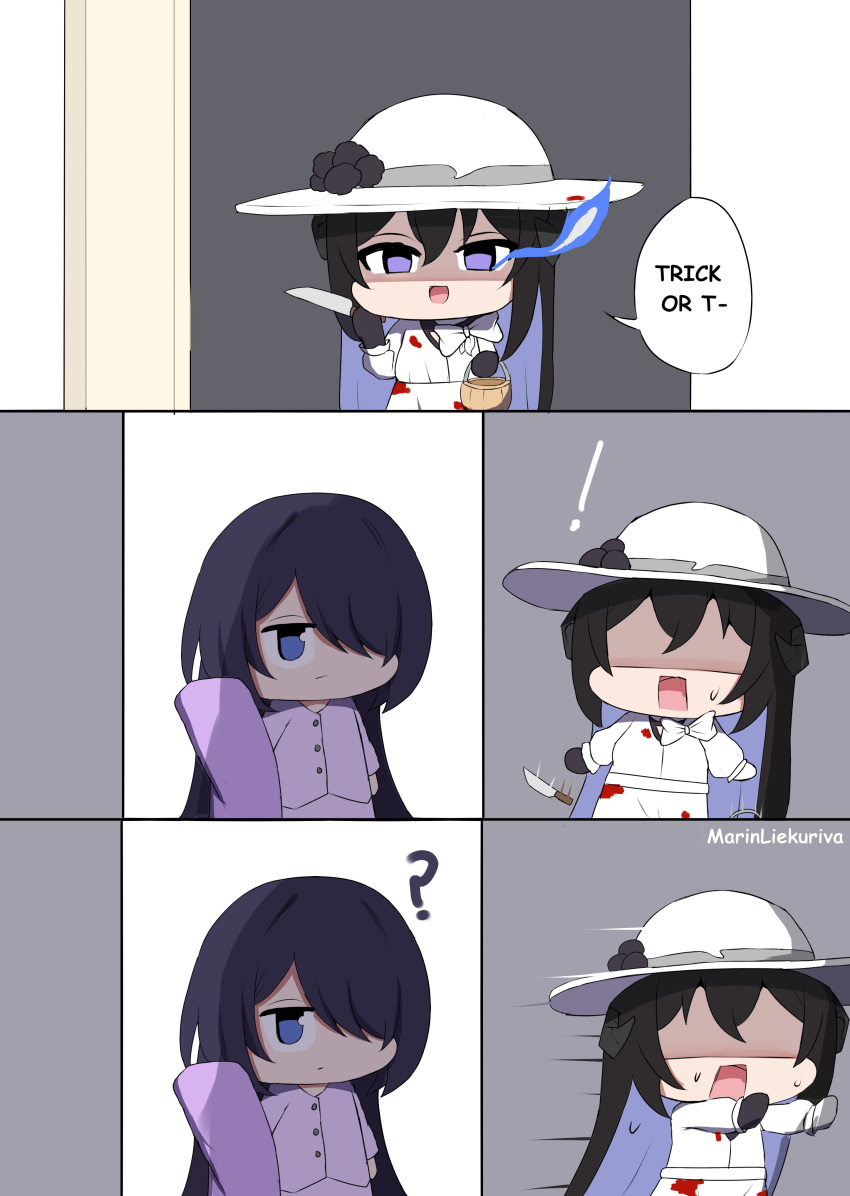 !, 2girls, ?, absurdres, acheron_(honkai:_star_rail), alternate_costume, black_hair, chibi