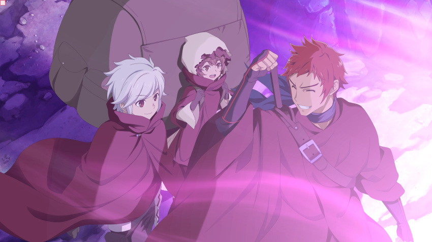 1girl, 2boys, :d, anime_coloring, backpack, bag, bell_cranel, black_gloves, blue_scarf, brown_eyes, brown_hair, cave_interior, clenched_hand, cloak, closed_eyes, closed_mouth, danmachi_battle_chronicle, dungeon_ni_deai_wo_motomeru_no_wa_machigatteiru_darou_ka, fingerless_gloves, game_cg, gloves, grin, hand_up, highres, hood, hood_up, liliruca_arde, multiple_boys, non-web_source, official_art, oversized_backpack, red_cloak, red_eyes, red_hair, scarf, short_hair, smile, spiky_hair, welf_crozzo, white_hair