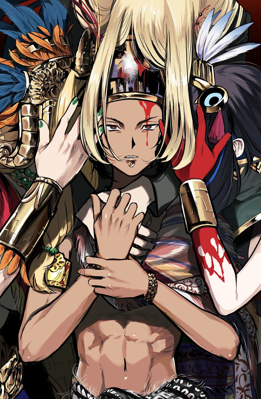 2boys, 2girls, abs, absurdres, aztec, black_hair, bleeding, blonde_hair, blood, blood_on_face, blood_on_hands, bracelet, bracer, brown_eyes, chin_piercing, dark-skinned_male, dark_skin, face_piercing, fate/grand_order, fate_(series), feathers, green_nails, headdress, highres, hug, hug_from_behind, izcalli_(fate), jewelry, long_hair, looking_at_viewer, multiple_boys, multiple_girls, navel, piercing, quetzalcoatl_(fate), short_hair, tenochtitlan_(fate), tenochtitlan_(first_ascension)_(fate), tezcatlipoca_(fate), toned, toned_male, y_ahyahyah