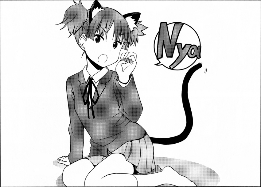 1girl, animal_ears, blazer, cat_ears, cat_tail, chapter_cover, fang, greyscale, hand_on_floor, highres, jacket, k-on!, k-on!_high_school, kakifly, looking_at_viewer, monochrome, non-web_source, nyan, official_art, on_floor, pleated_skirt, sakuragaoka_high_school_uniform, scan, school_uniform, short_twintails, skirt, socks, solo, speech_bubble, suzuki_jun, tail, twintails, white_socks, winter_uniform