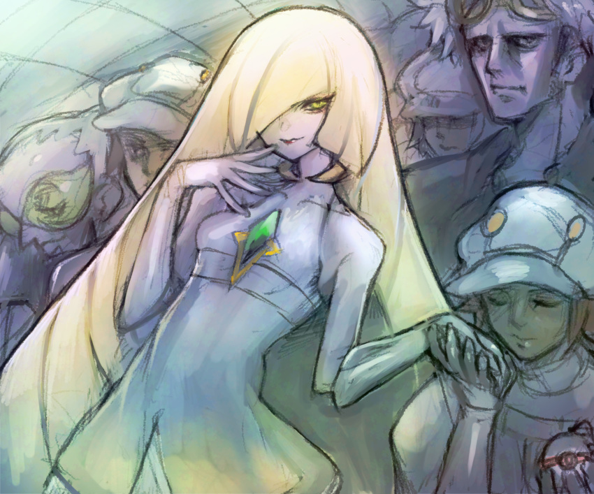 2girls, 4boys, aether_foundation_employee, aether_foundation_uniform, blonde_hair, brown_hair, closed_mouth, collarbone