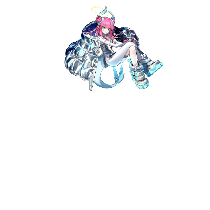 1girl, blue_eyes, colored_fingertips, crossed_legs, double_bun, down_jacket, dragon_girl, dragon_horns