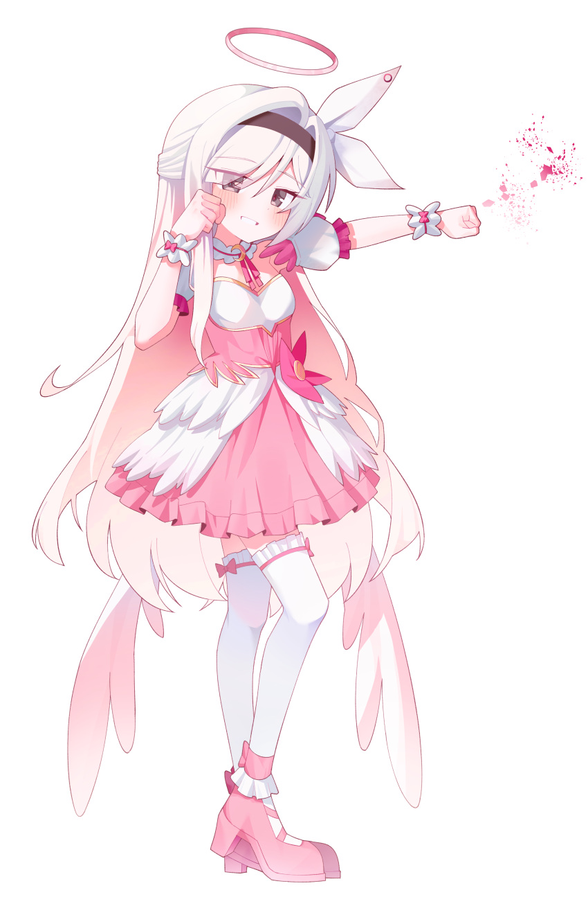 1girl, absurdres, black_hairband, blue_archive, breasts, chokkon, cosplay, dress, full_body, hairband, halo, highres, long_hair, pink_hair, plana_(blue_archive), simple_background, small_breasts, solo, suzumi_(blue_archive), suzumi_(blue_archive)_(cosplay), suzumi_(magical)_(blue_archive), thigh-highs, white_background, white_hair, white_thighhighs