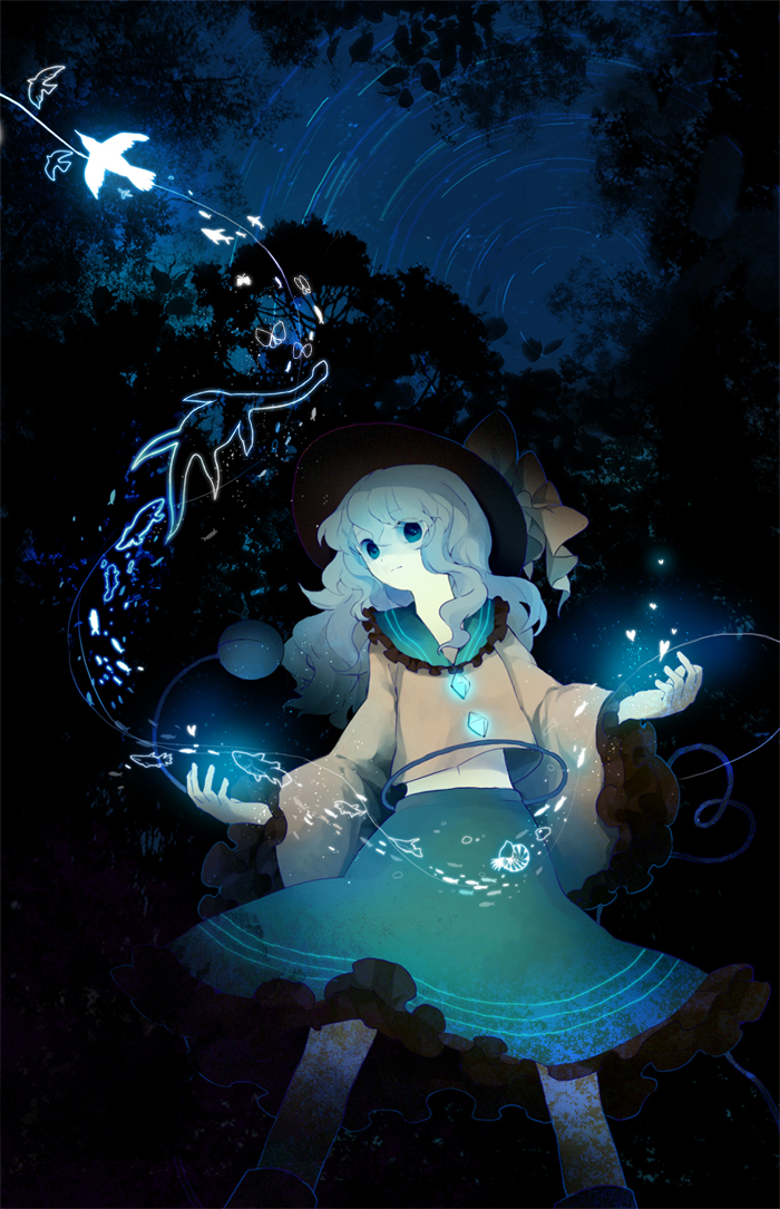 bird, bow, eyeball, fish, green_eyes, green_hair, hat, heart, komeiji_koishi, midriff, mousariababa, navel, night, short_hair, skirt, solo, third_eye, touhou