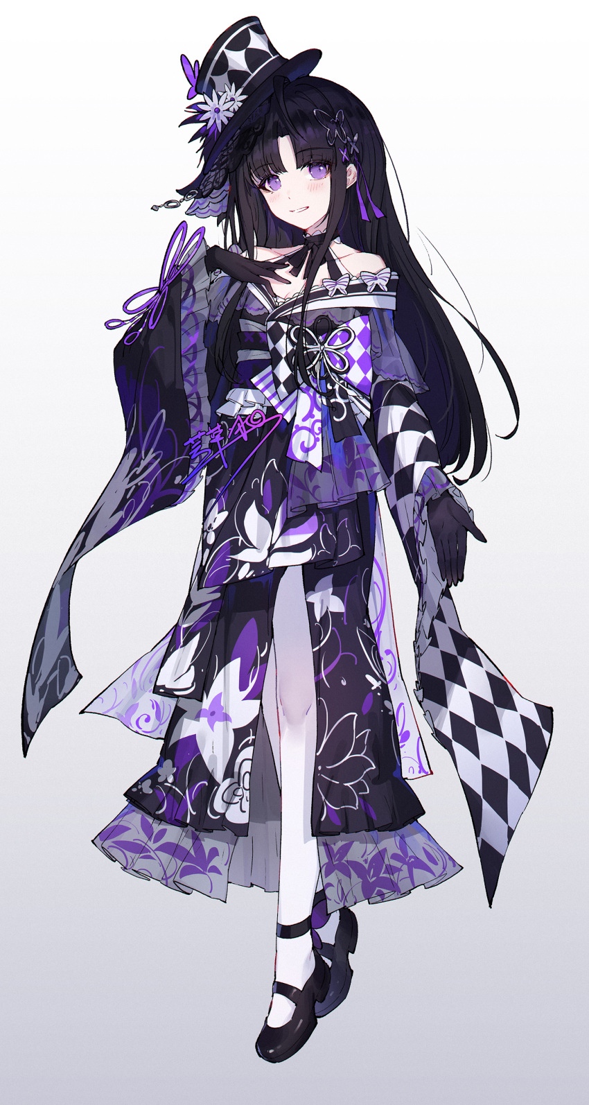 1girl, absurdres, ahoge, awa_subaru, black_gloves, black_hair, black_hat, black_shoes