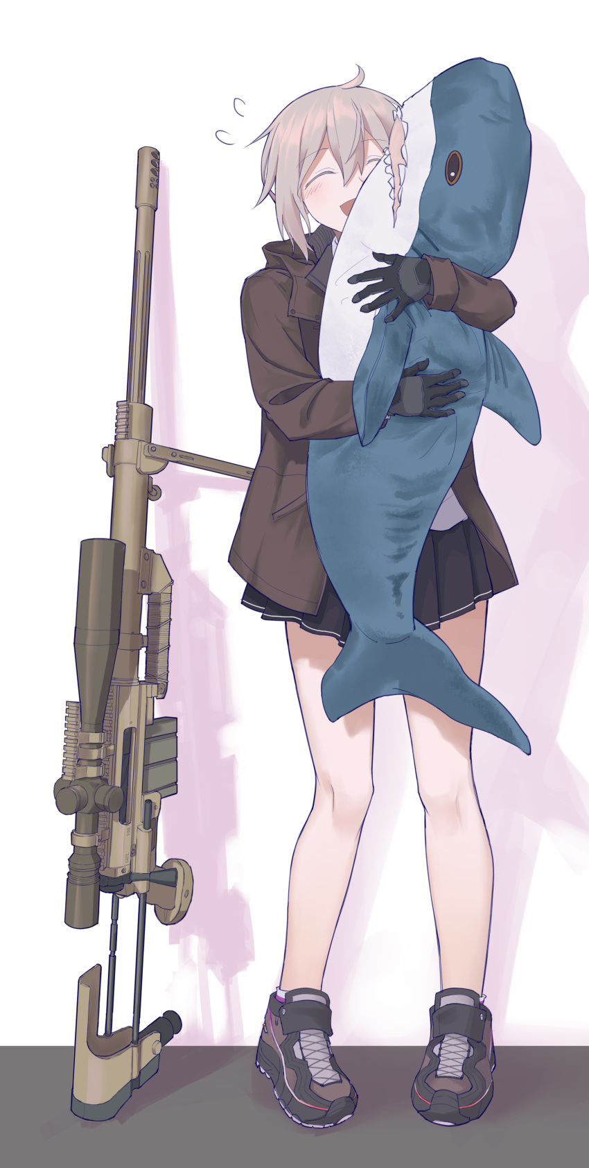 1girl, absurdres, black_gloves, black_skirt, bolt_action, brown_hair, brown_jacket, brown_shoes