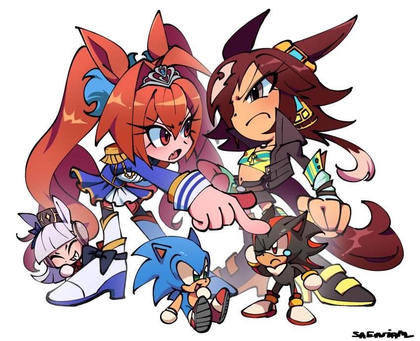 3girls, animal_ears, crossover, daiwa_scarlet_(peak_blue)_(umamusume), daiwa_scarlet_(umamusume), english_commentary, full_body, gold_ship_(red_strife)_(umamusume)