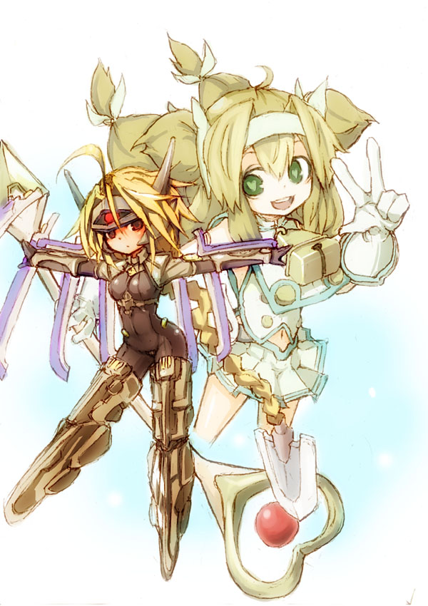 ahoge, blazblue, blonde_hair, braid, chatsubo, chatsubo_(yaba-yaba), chi_yatsubo, green_eyes, hair_weapon, lambda-11, long_hair, low-tied_long_hair, multiple_girls, platinum_the_trinity, quad_tails, red_eyes, staff, symbol-shaped_pupils, twintails