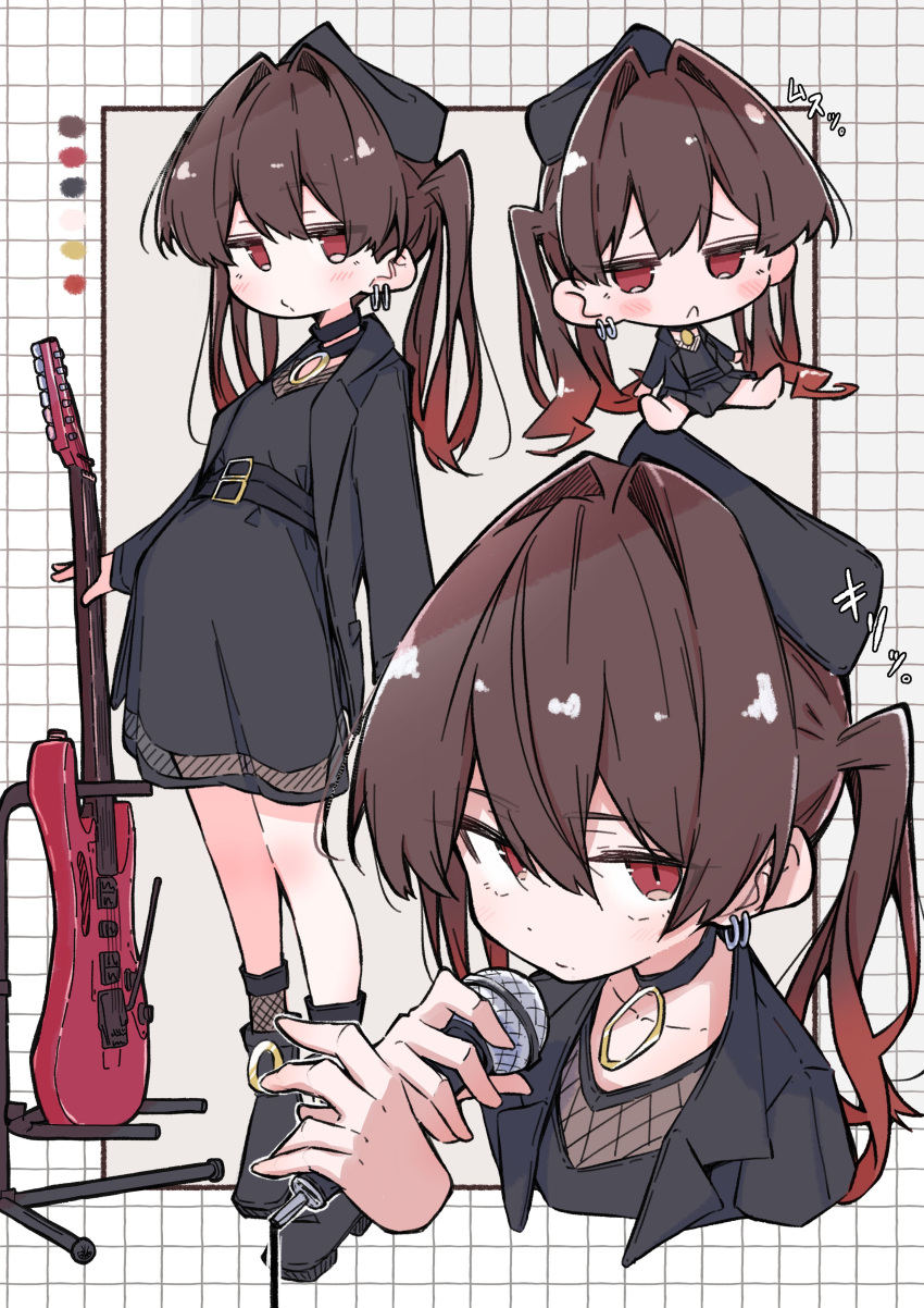 1girl, absurdres, aomoringo, blush, bocchi_the_rock!, brown_hair, chibi, dress