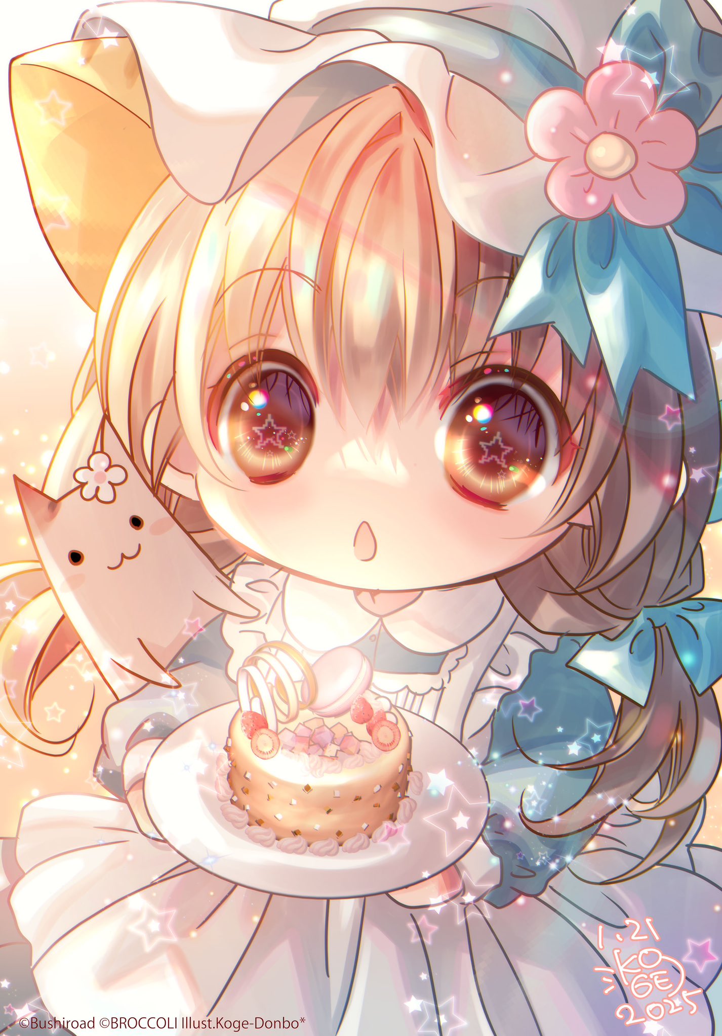 1girl, 2025, animal_ears, animal_on_shoulder, apron, artist_name, blue_bow, blue_dress