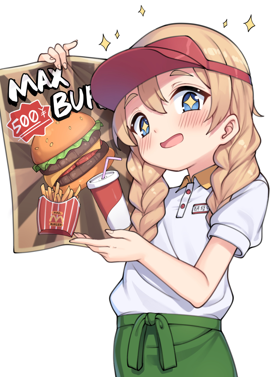 +_+, 1girl, blonde_hair, blue_eyes, blush, braid, burger, cheese