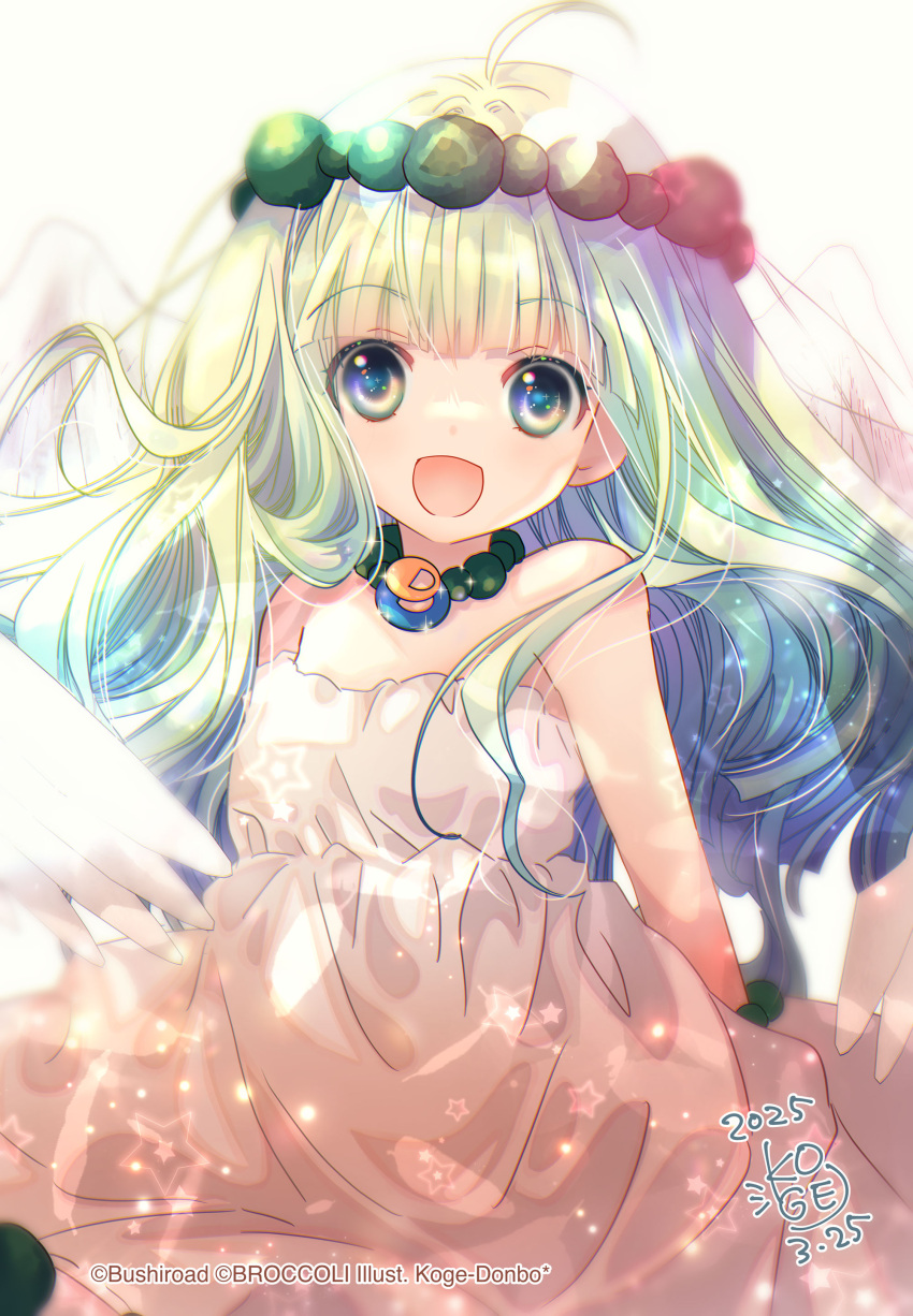 1girl, 2025, :d, absurdres, ahoge, angel_wings, artist_name, bare_shoulders