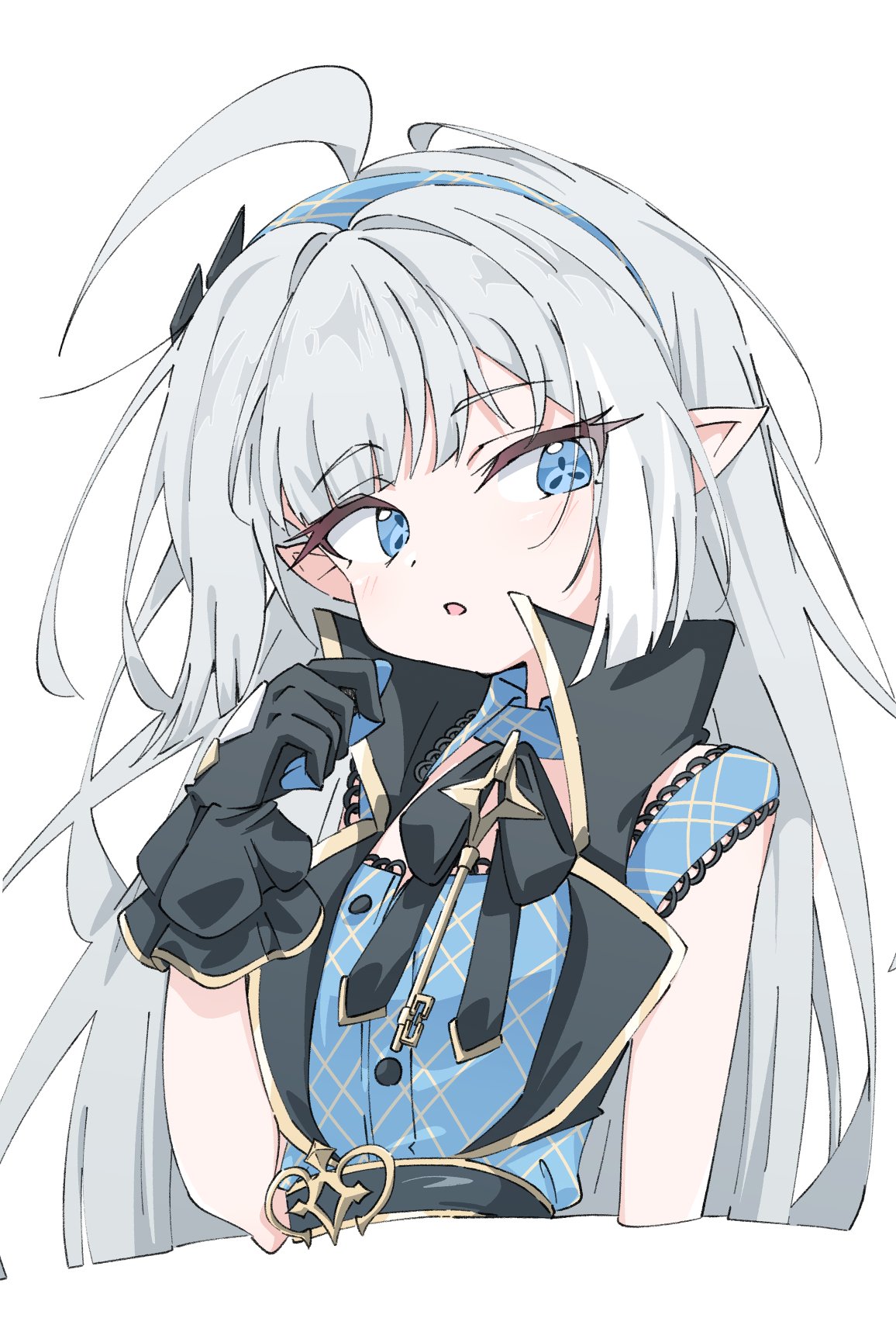 1girl, ahoge, belt, black_belt, black_gloves, black_ribbon, blue_dress, blue_eyes