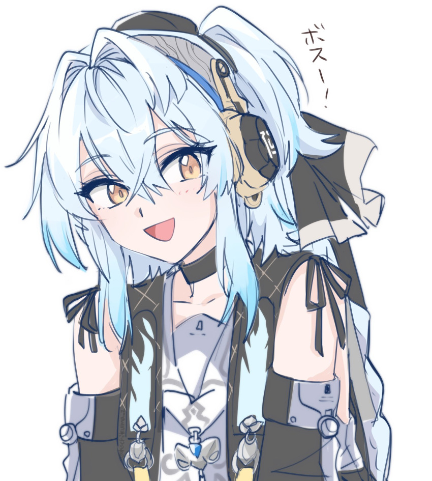 1girl, :d, bare_shoulders, black_choker, black_ribbon, black_sleeves, blue_hair, braid