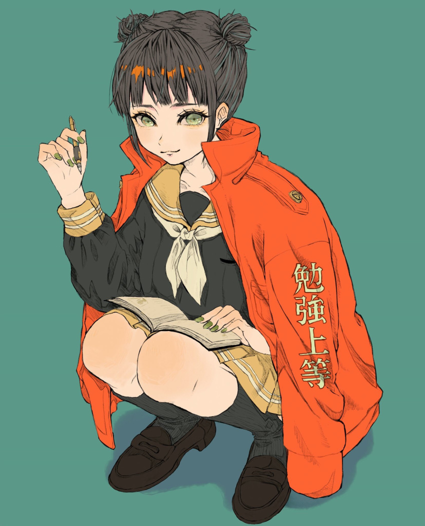 1girl, black_hair, black_shirt, black_skirt, blue_background, book, brown_shoes, closed_mouth