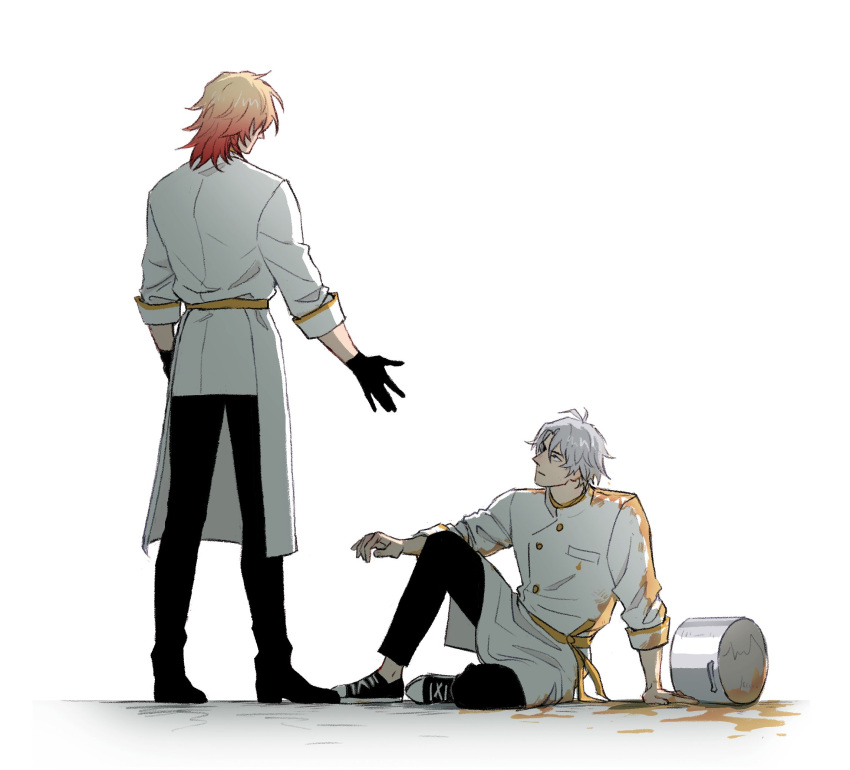 2boys, antenna_hair, black_gloves, black_pants, black_shoes, blonde_hair, blue_eyes, braid