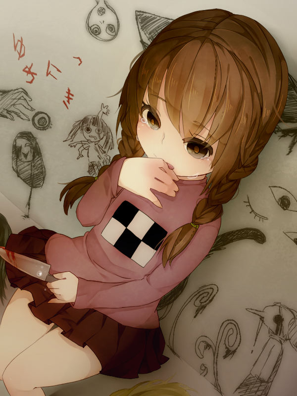 braid, brown_eyes, brown_hair, drawing, itamidome, knife, licking, madotsuki