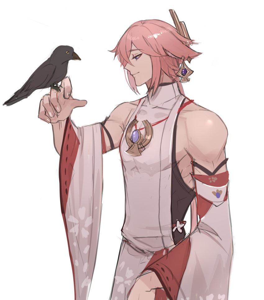 1boy, alternate_costume, alternate_universe, animal_ear_piercing, animal_ears, arm_up, bare_shoulders, bird, bird_on_hand, closed_mouth, collarbone, covered_collarbone, crow, detached_sleeves, earrings, eyeliner, fox_boy, fox_ears, from_side, genderswap, genderswap_(ftm), genshin_impact, hair_between_eyes, haze_(ha_ze), headpiece, highres, japanese_clothes, jewelry, light_smile, long_hair, long_sleeves, looking_at_animal, looking_down, makeup, mixed-language_commentary, muscular, muscular_male, nontraditional_miko, pendant, pink_hair, red_eyeliner, simple_background, single_earring, solo, standing, upper_body, violet_eyes, white_background, wide_sleeves, yae_miko