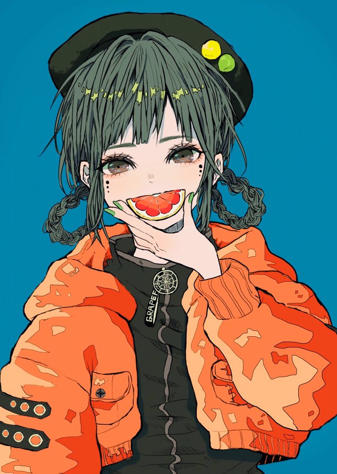 1girl, badge, beret, black_hat, black_jacket, blue_background, braid, braided_hair_rings