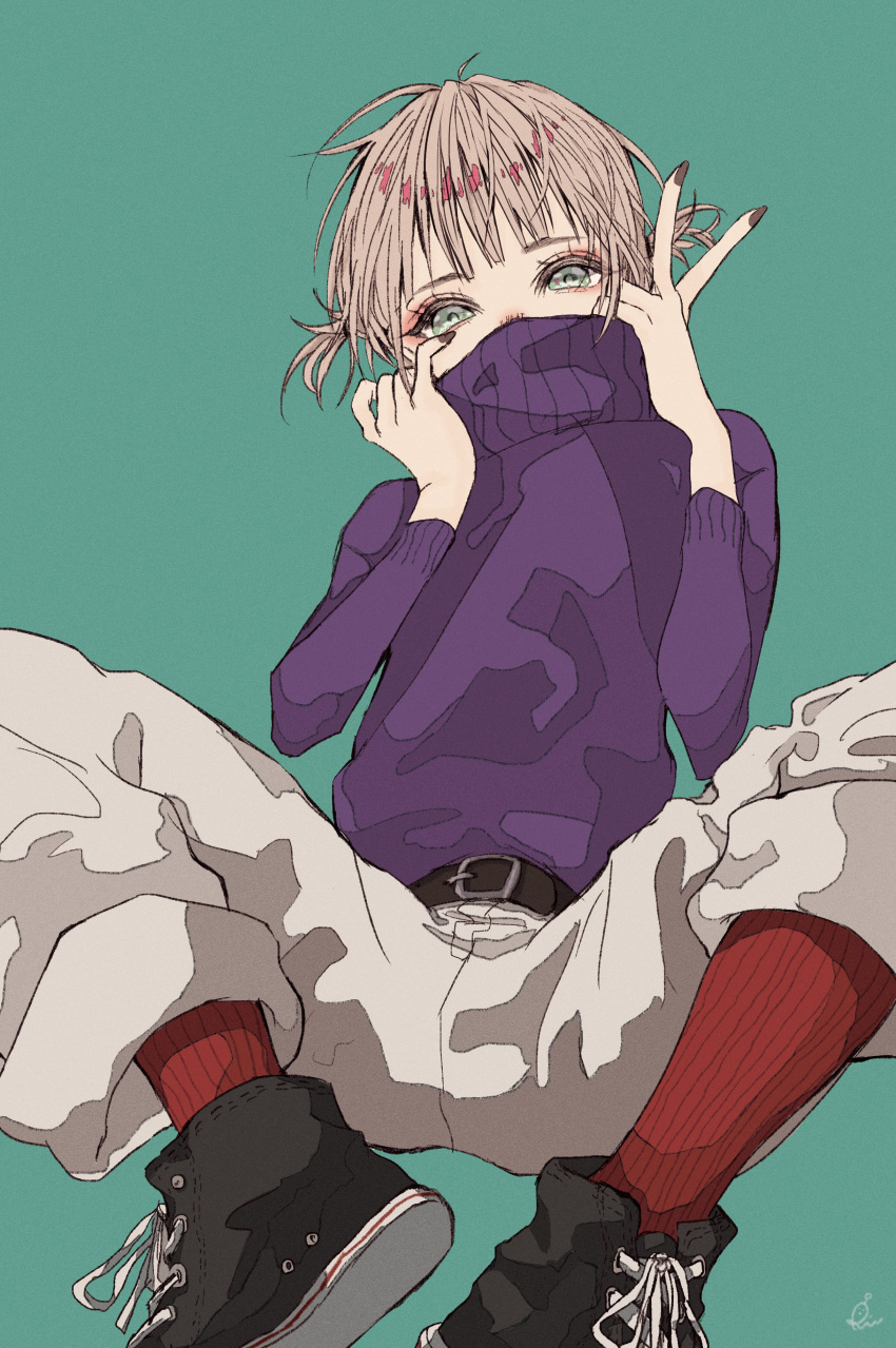 1girl, absurdres, aqua_background, belt, black_belt, black_shoes, brown_hair, covering_own_mouth