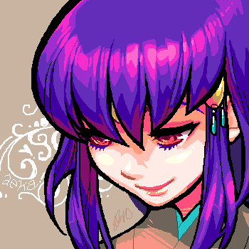 barachan, close-up, lowres, masaki_aeka_jurai, oekaki, purple_hair, red_eyes, smile