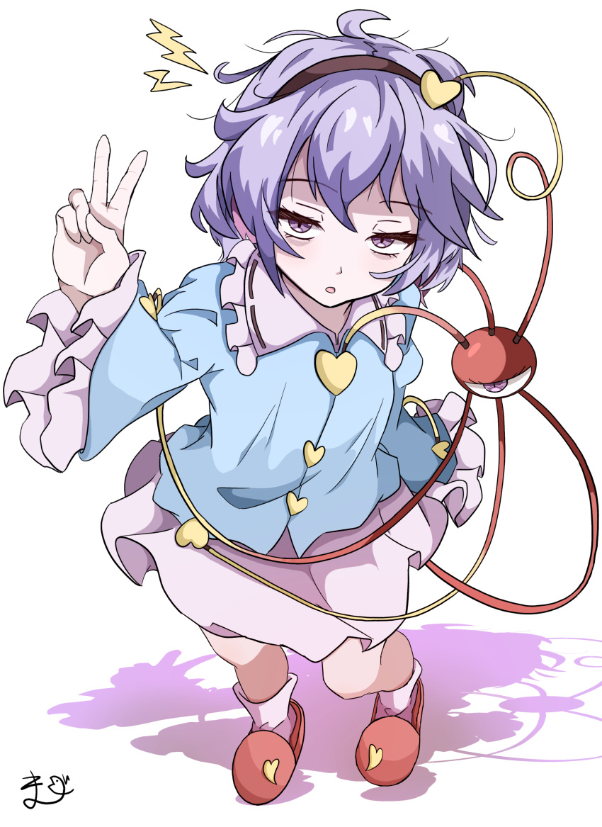 1girl, absurdres, ahoge, bags_under_eyes, black_hairband, blue_shirt, breasts, buttons, commentary_request, frills, from_above, full_body, hair_ornament, hairband, half-closed_eyes, hand_up, heart, heart_button, heart_hair_ornament, highres, kakineko, komeiji_satori, light_blush, long_sleeves, looking_at_viewer, messy_hair, open_mouth, pink_skirt, purple_hair, sanpaku, shadow, shirt, short_hair, simple_background, skirt, slippers, small_breasts, solo, touhou, upturned_eyes, v, violet_eyes, white_background, wide_sleeves