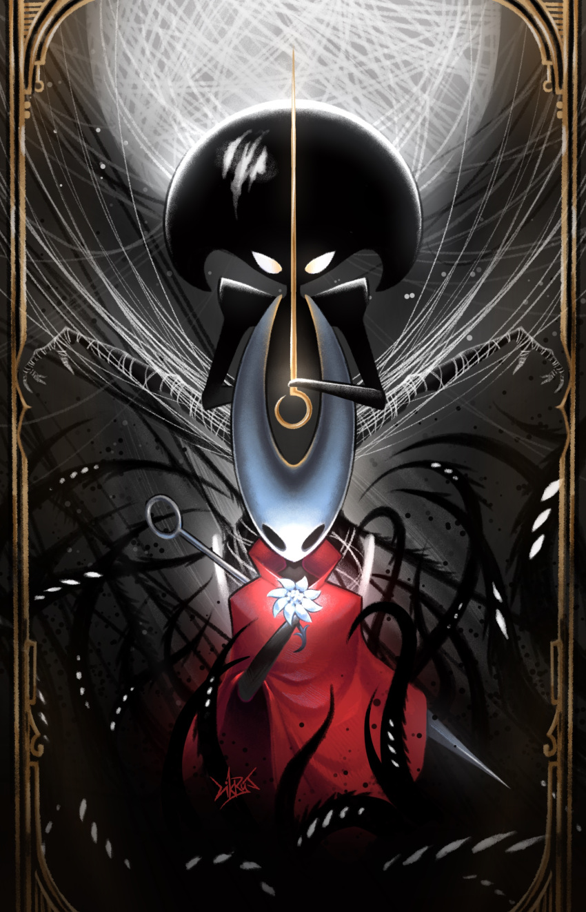 3girls, absurdres, arthropod_girl, black_skin, cloak, colored_skin, flower, glowing_flower