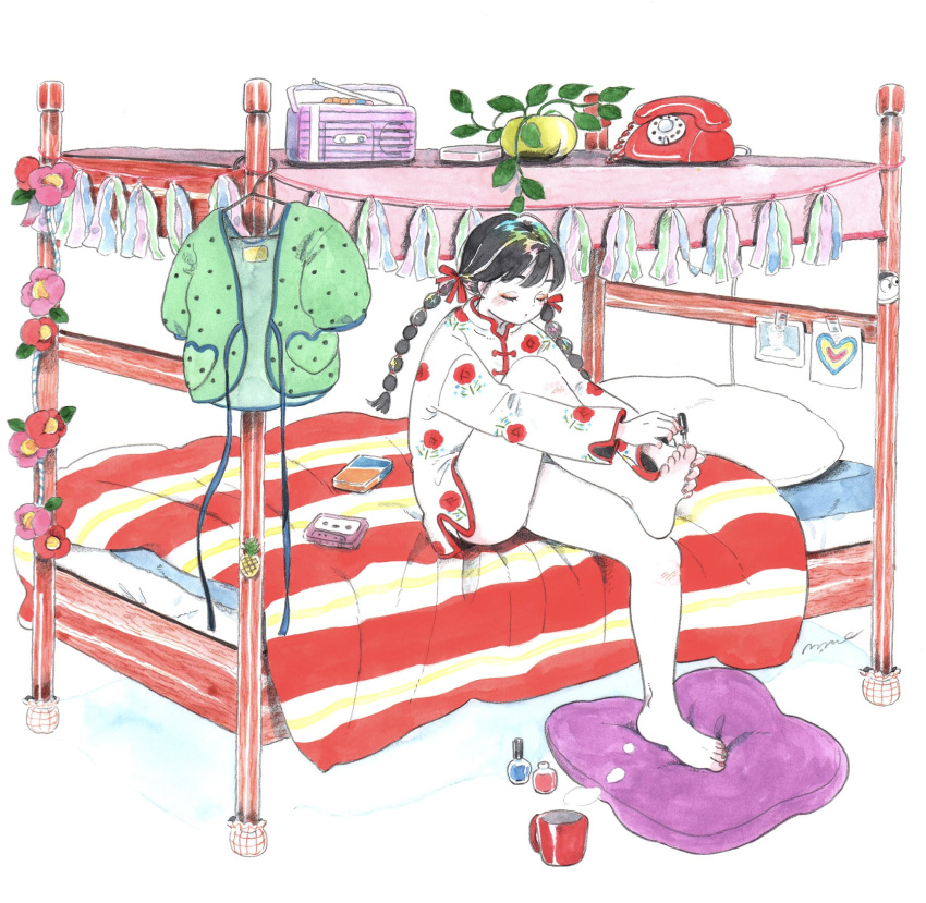 1girl, antique_phone, applying_pedicure, barefoot, bed, bow, braid, canopy_bed