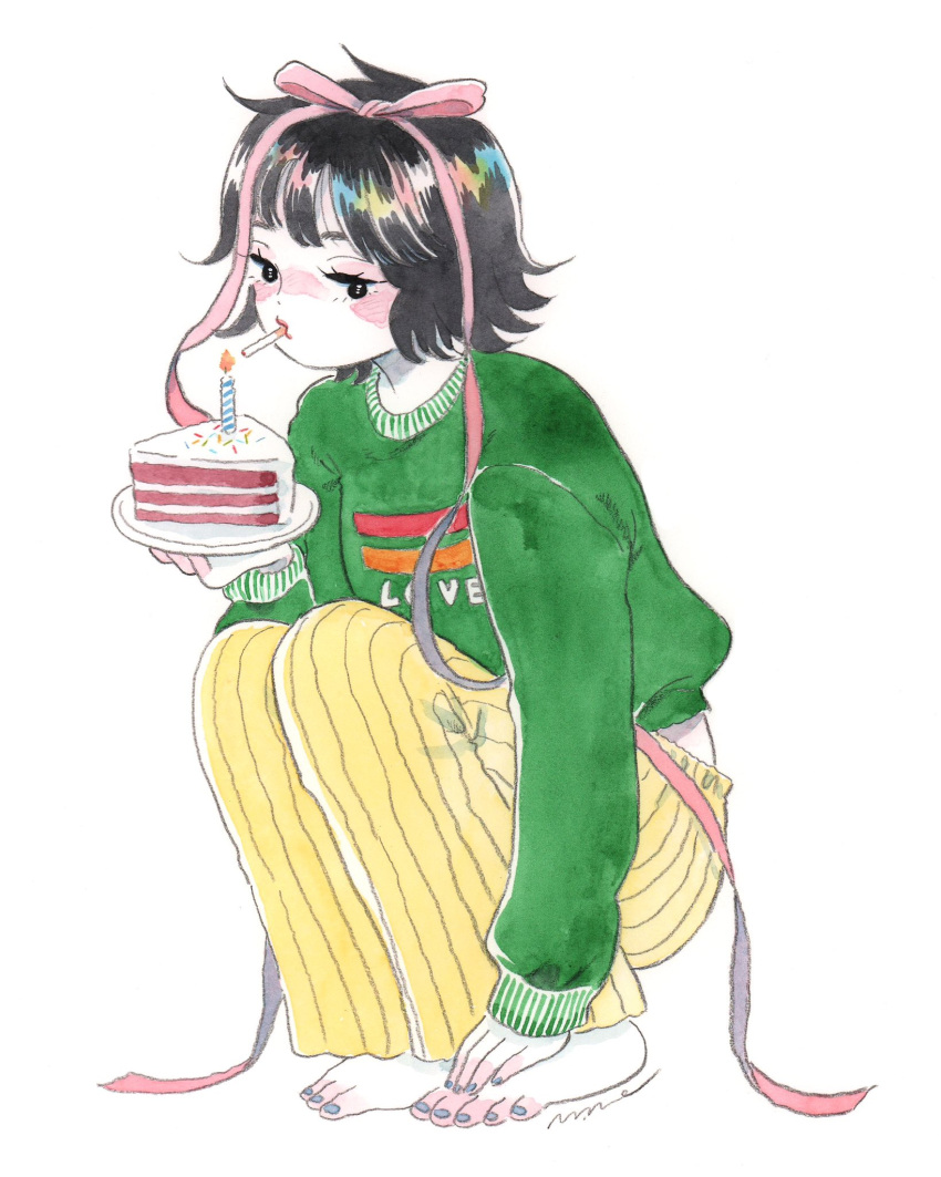 1girl, barefoot, birthday, birthday_cake, black_eyes, black_hair, blush, bow