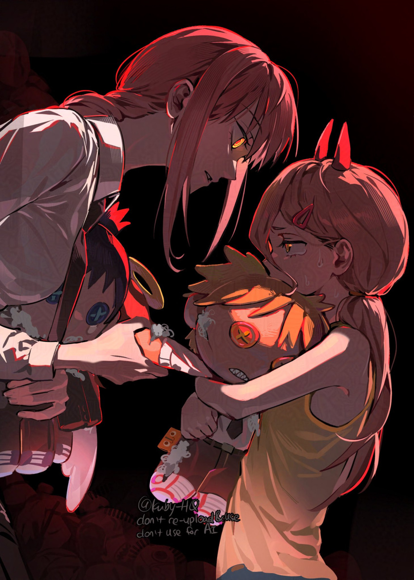 2girls, aged_down, angel_devil_(chainsaw_man), artist_name, black_necktie, braid, chainsaw_man, character_doll