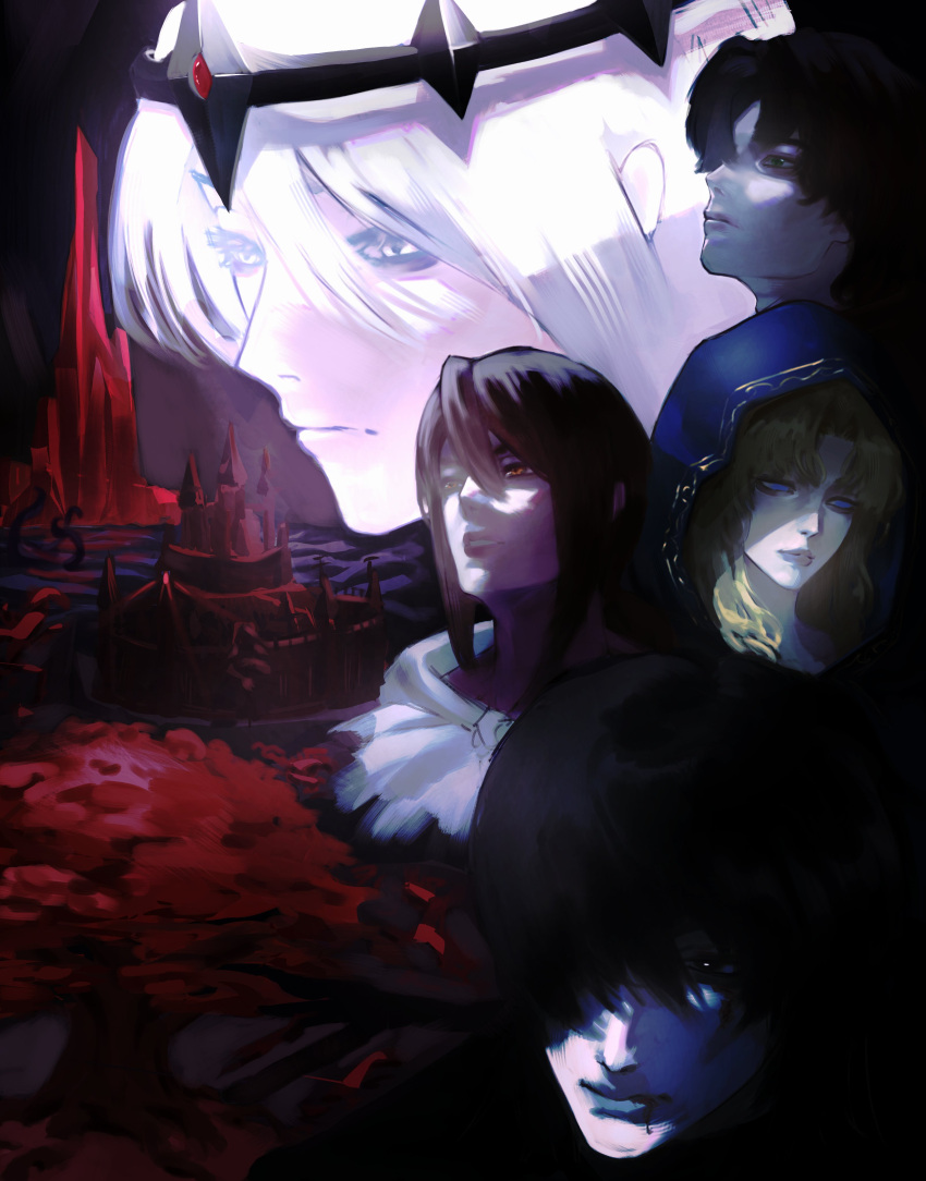2boys, 3girls, absurdres, bags_under_eyes, black_hair, brown_hair, cassie_(shadow_slave), castle
