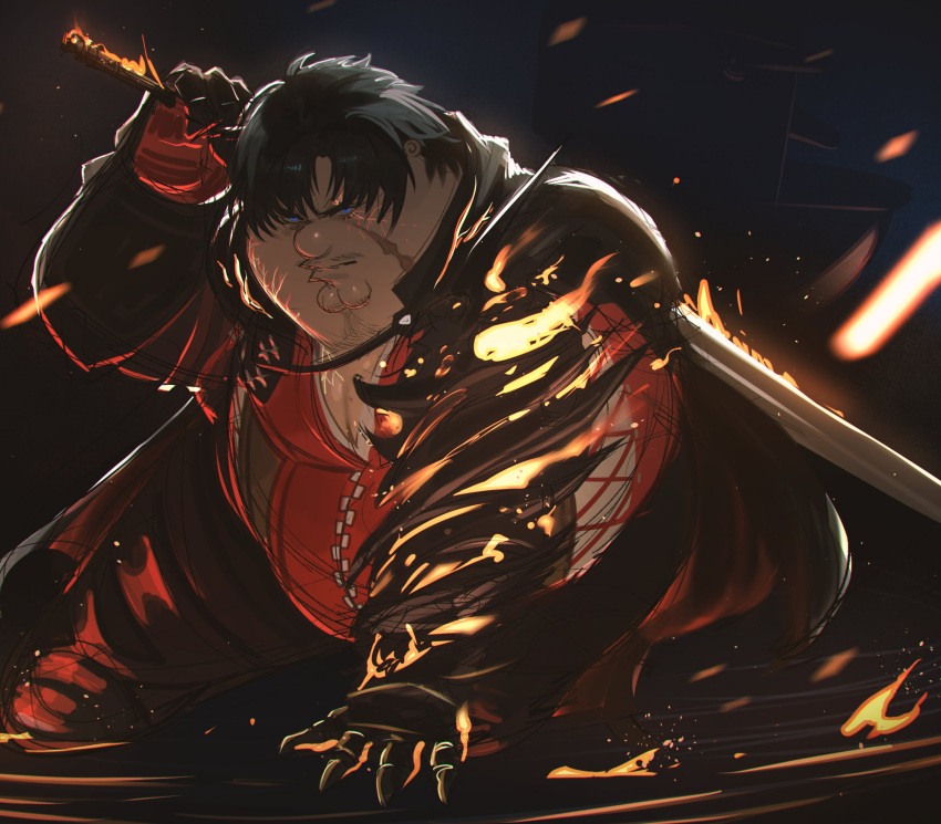 1boy, absurdres, beard_stubble, black_cape, black_gauntlets, black_hair, blue_eyes, cape
