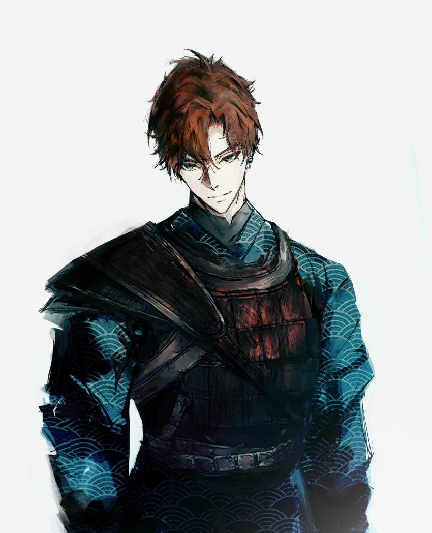 1boy, absurdres, armor, blue_eyes, brown_hair, cowboy_shot, curtained_hair, ellieaedon