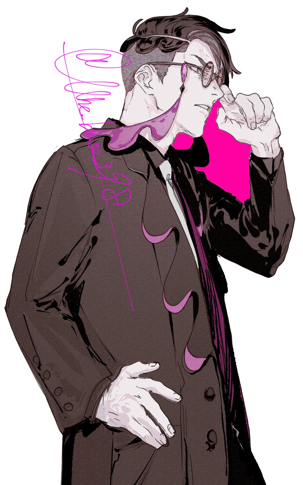 1boy, black-framed_eyewear, black_hair, black_jacket, black_shirt, collared_shirt, corbeau_(pokemon), eyewear_strap
