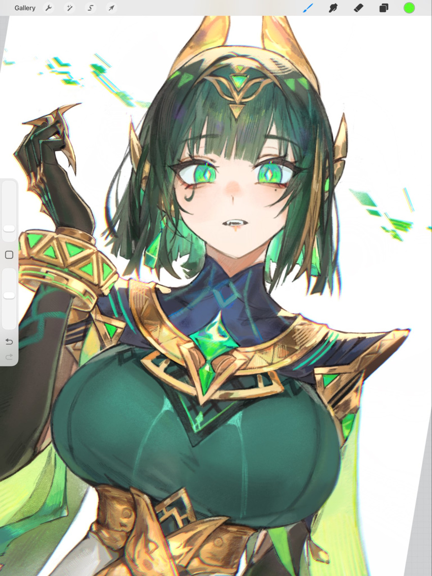 1girl, ancient_egyptian_clothes, breasts, bright_pupils, claw_ring, elbow_gloves, eye_tattoo, facial_mark