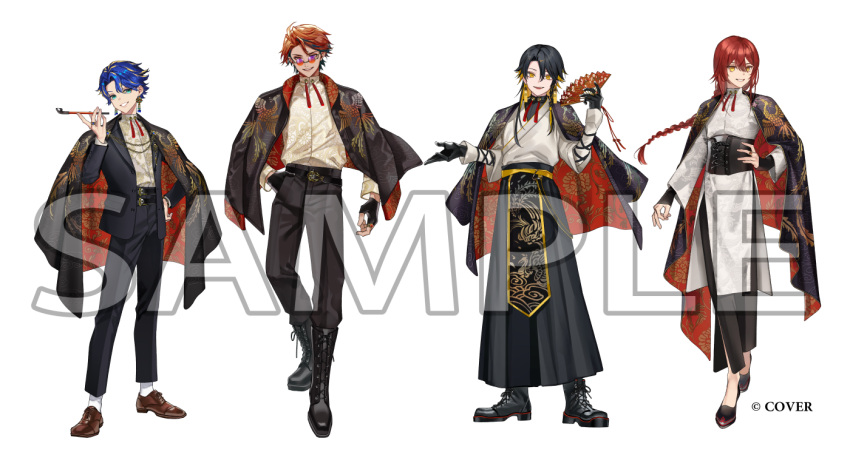 4boys, :d, alternate_costume, alternate_hair_length, alternate_hairstyle, aqua_eyes, arm_at_side, astel_leda