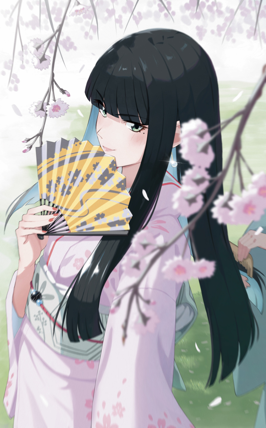 absurdres, black_hair, blue_hair, blunt_bangs, blurry, blurry_foreground, brushing_another's_hair, brushing_hair