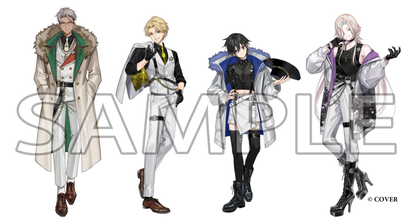 4boys, alternate_costume, alternate_hair_length, alternate_hairstyle, aqua_hair, arurandeisu, badge, bare_shoulders