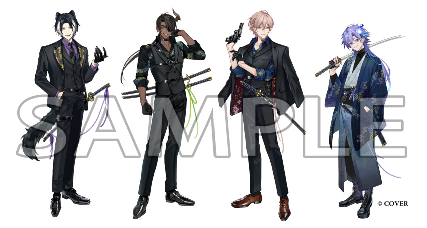 4boys, :d, alternate_costume, alternate_hair_length, alternate_hairstyle, animal_ears, aragami_oga, arm_at_side