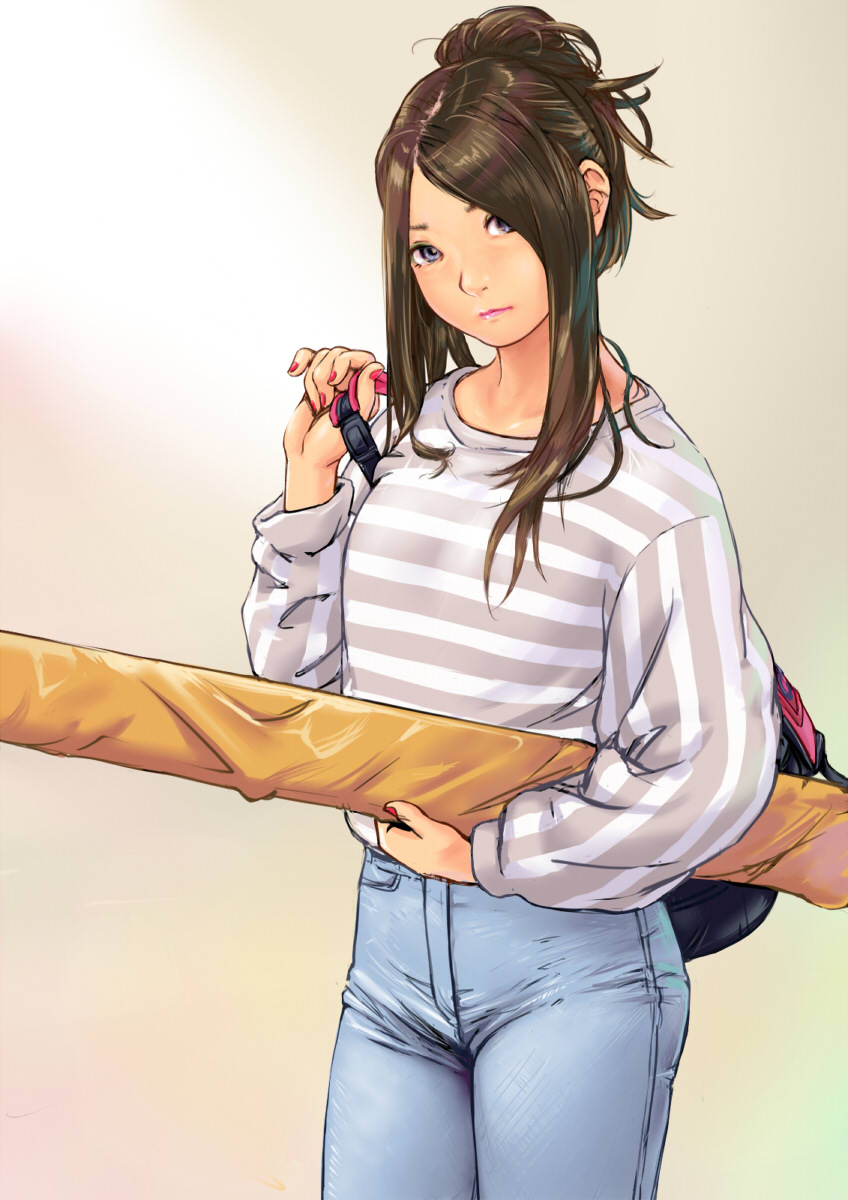 bag, brown_hair, carina_(xiaowoo), highres, jeans, long_hair, nail_polish, original