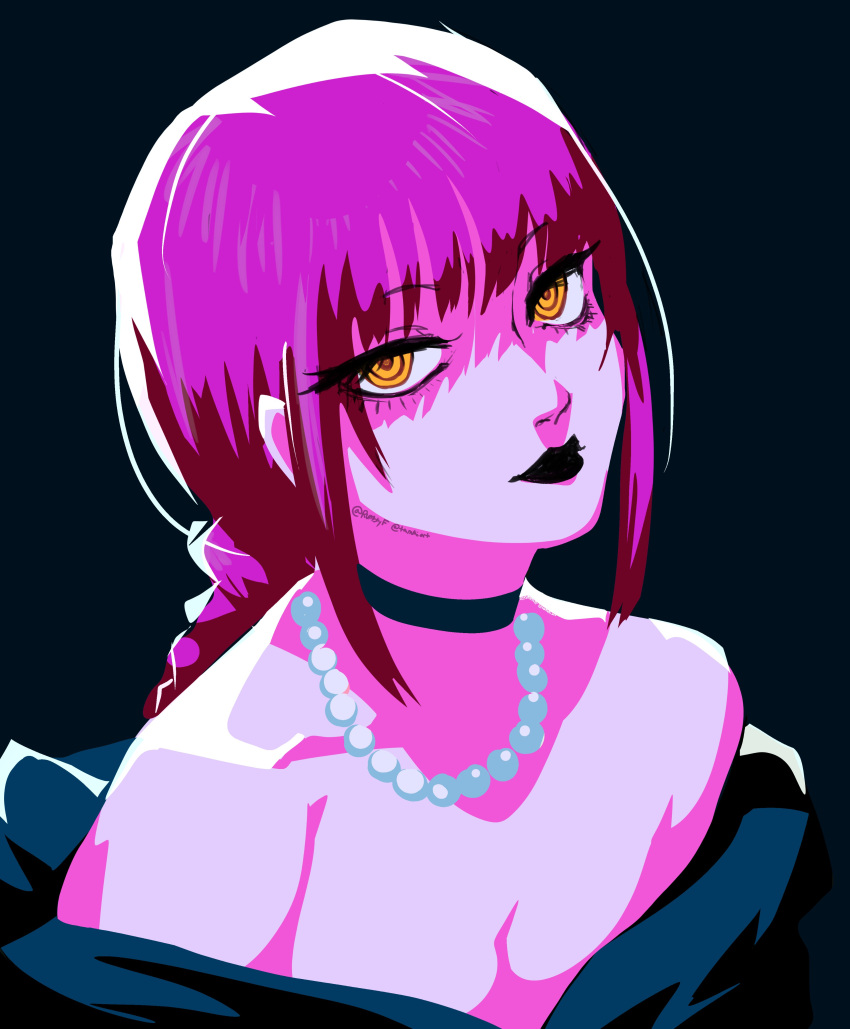 1girl, absurdres, black_background, black_choker, blunt_bangs, chainsaw_man, choker, closed_mouth