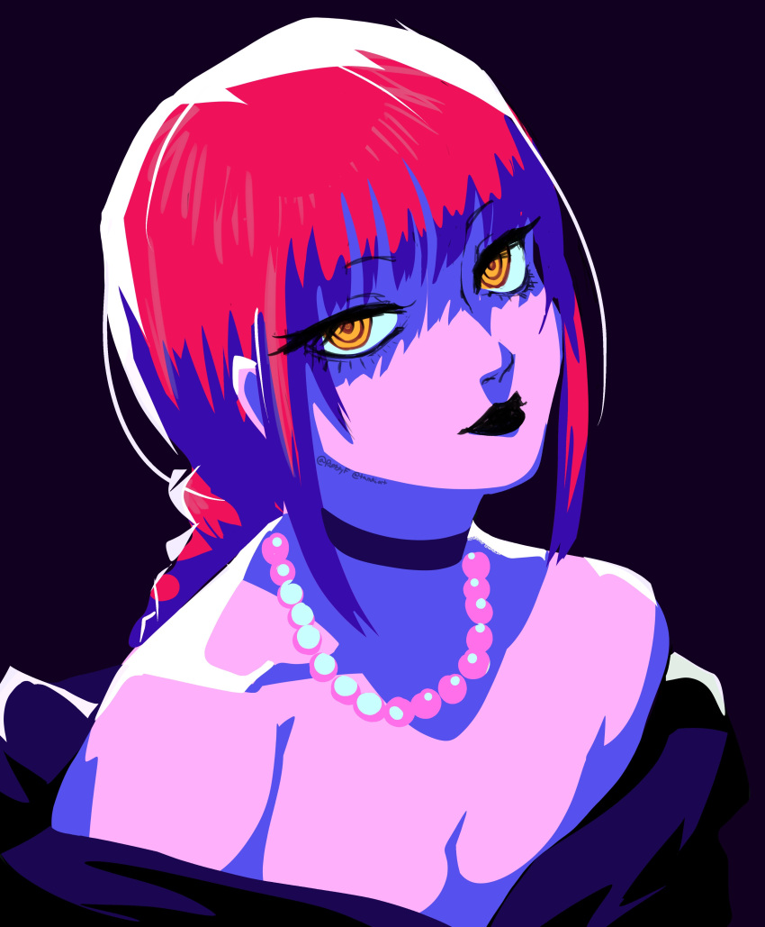 1girl, absurdres, bare_shoulders, black_background, black_lips, blunt_bangs, braid, braided_ponytail