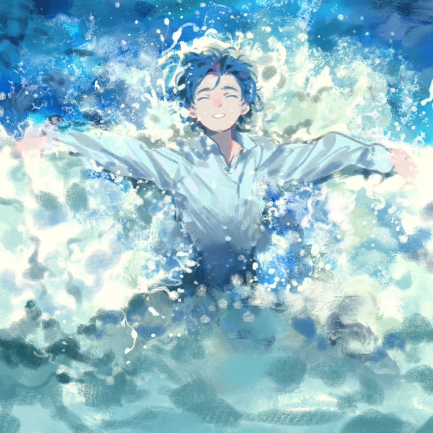 1boy, blue_hair, blue_theme, closed_eyes, hair_slicked_back, highres, john_end, male_focus