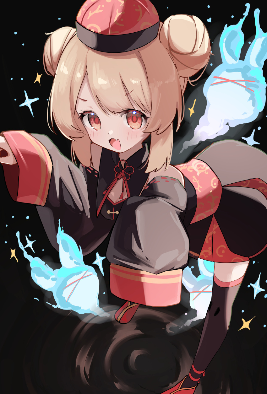 1girl, absurdres, aoi_(swoi_ekk), black_background, blonde_hair, blush, chinese_clothes, double_bun