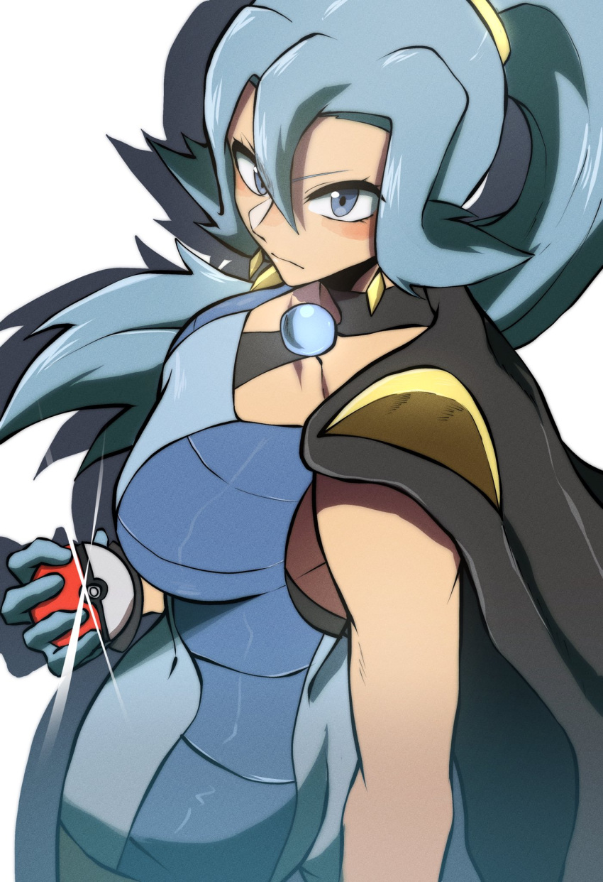 1girl, blue_eyes, blue_gloves, blue_hair, bodysuit, breasts, cape, clair_(pokemon)
